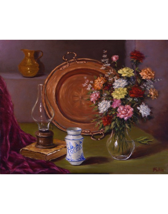 Cuadro Bodegón con Cobre y Flores - Pintura Original