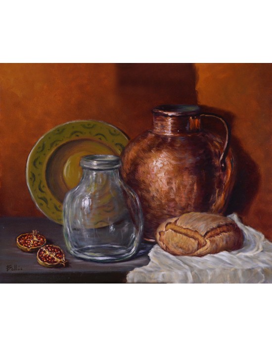 Cuadro Bodegón con Cobre y Pan - Pintura Original