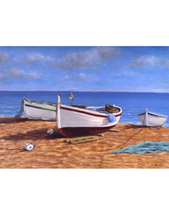 Cuadro Barcas en la Playa - Pintura Marina Original