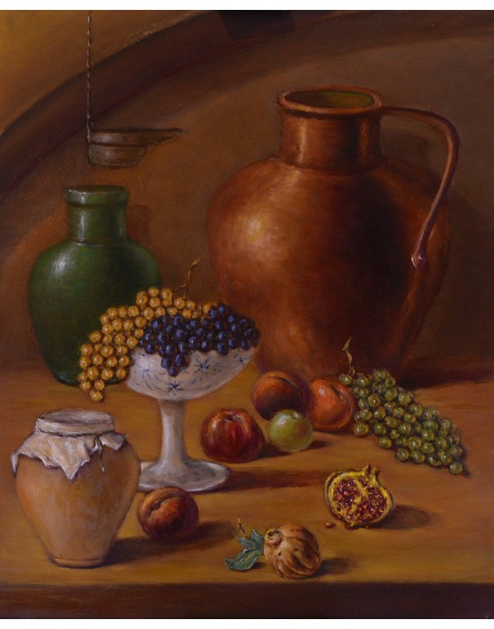 Cuadro Bodegón con Cobre y Fruta - Pintura Original