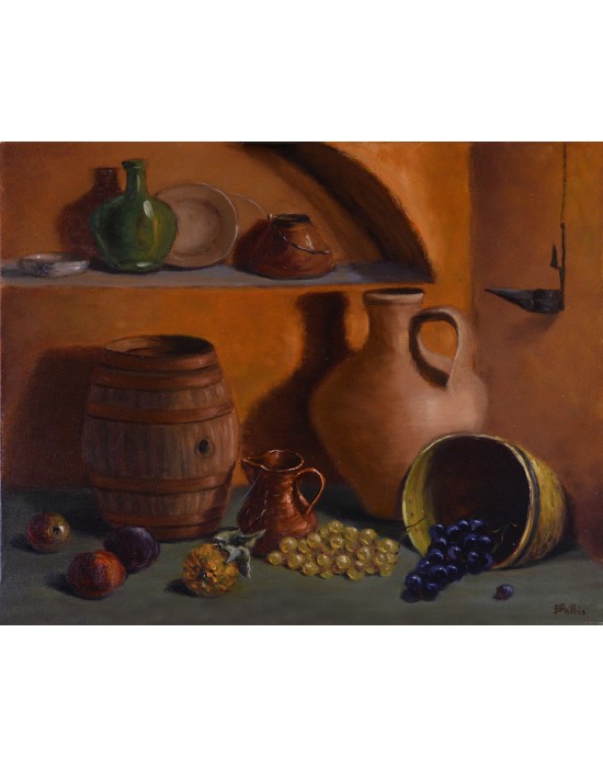 Cuadro Bodegón con Barrica y Fruta - Pintura Original