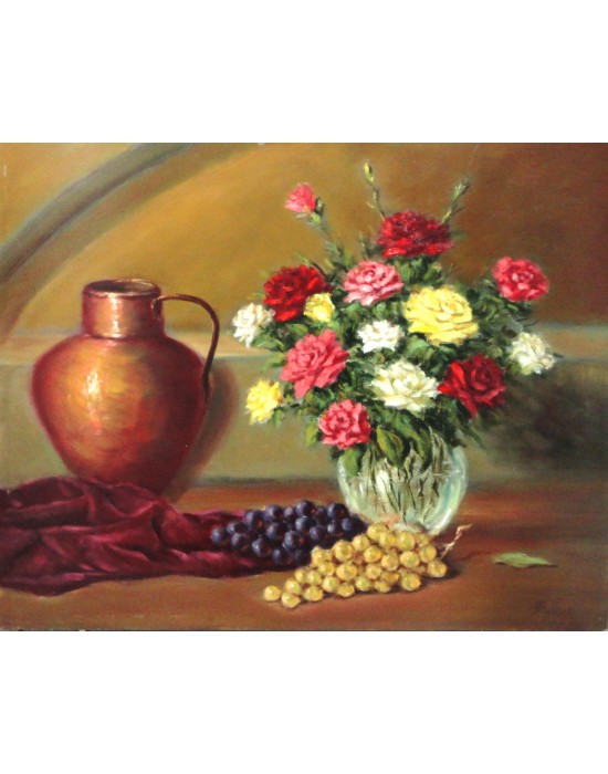 Cuadro Bodegón con Flores y Uvas - Pintura Original