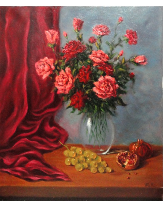 Cuadro Jarrón con Flores, Granadas y Uvas - Pintura Original